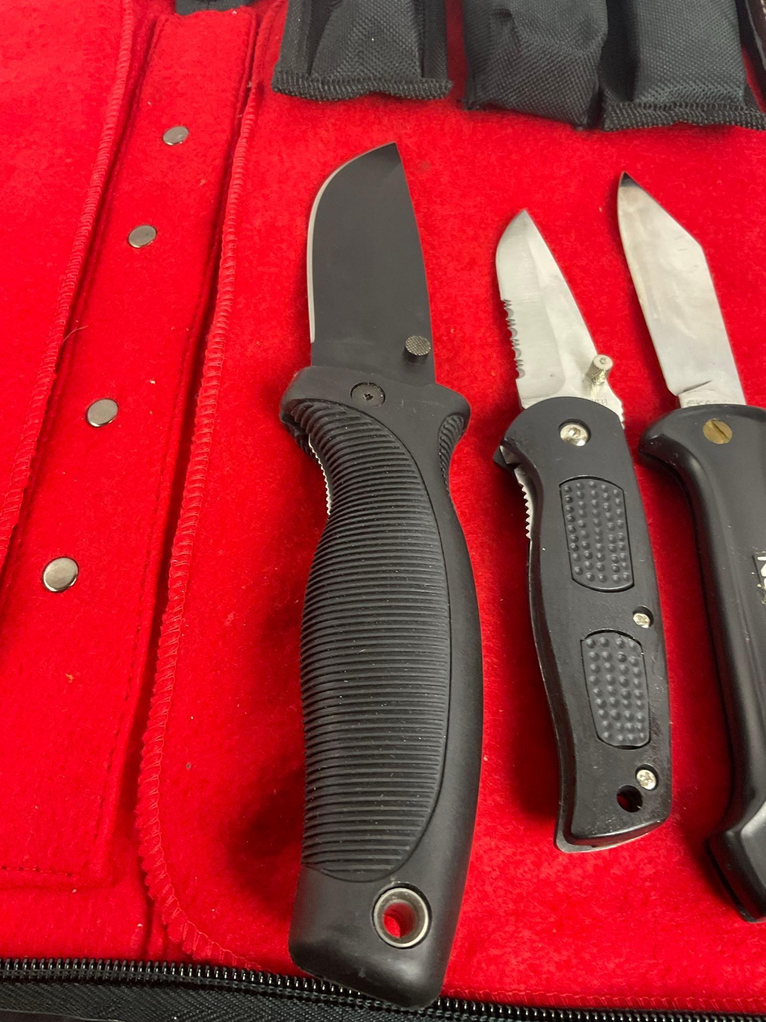 Collection of 4 Stainless Steel Folding Knives w/ Sheathes - See pics