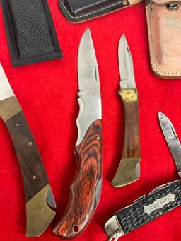 Collection of 4 Stainless Steel Folding Blade Pocket Knives w/ Wood & Metal Handles