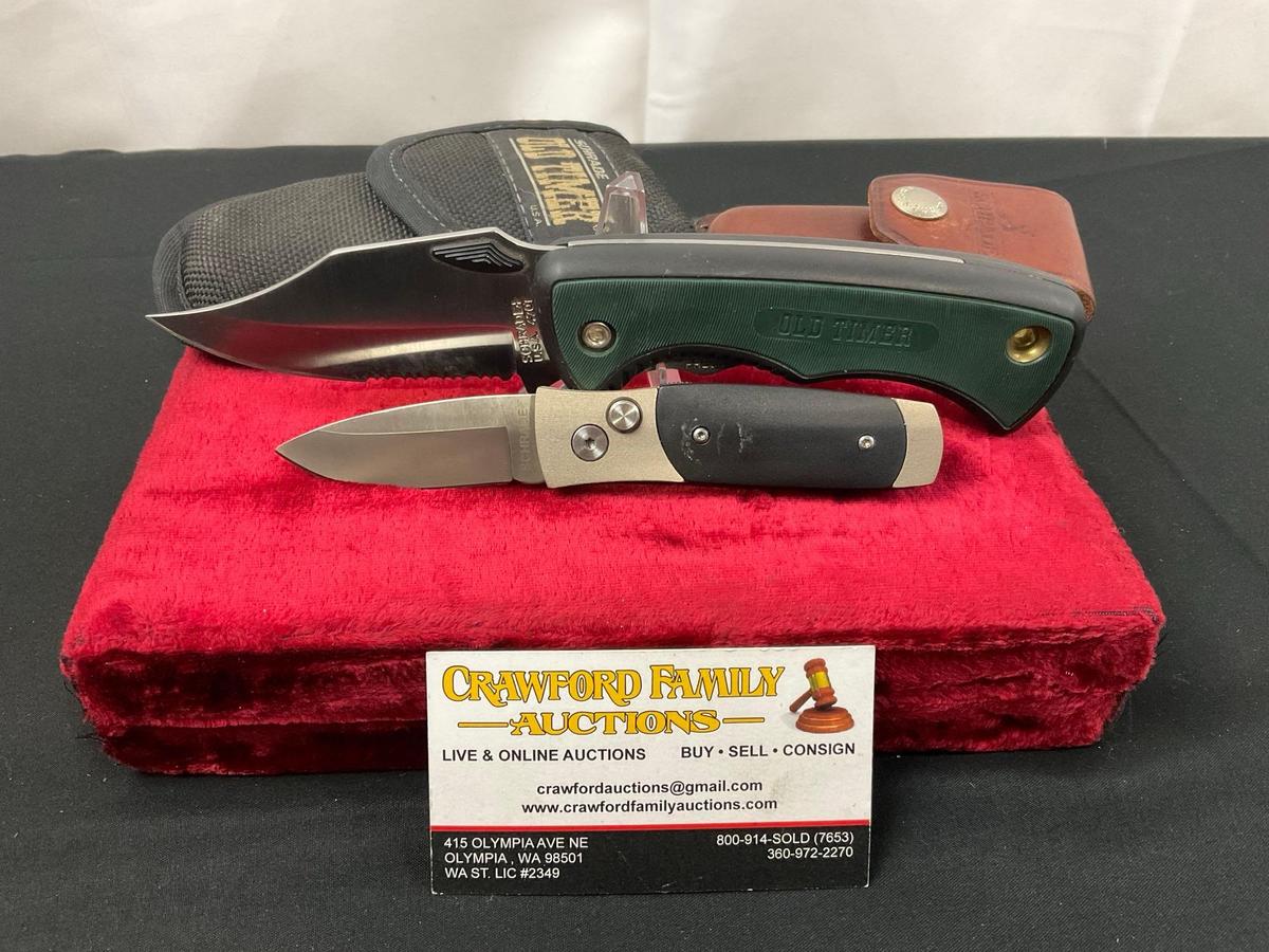 Pair of Modern Schrade Folding Pocket Knives, models 47OT & SMEDGB Button Release