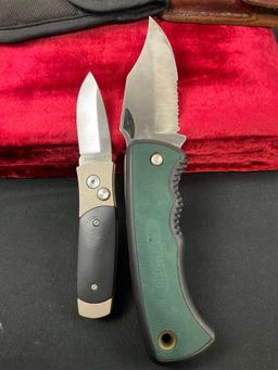 Pair of Modern Schrade Folding Pocket Knives, models 47OT & SMEDGB Button Release