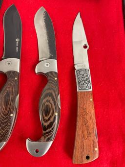 3x Boda Stainless Steel Folding Pocket Knives w/ Wood Handles & Sheathes - See pics