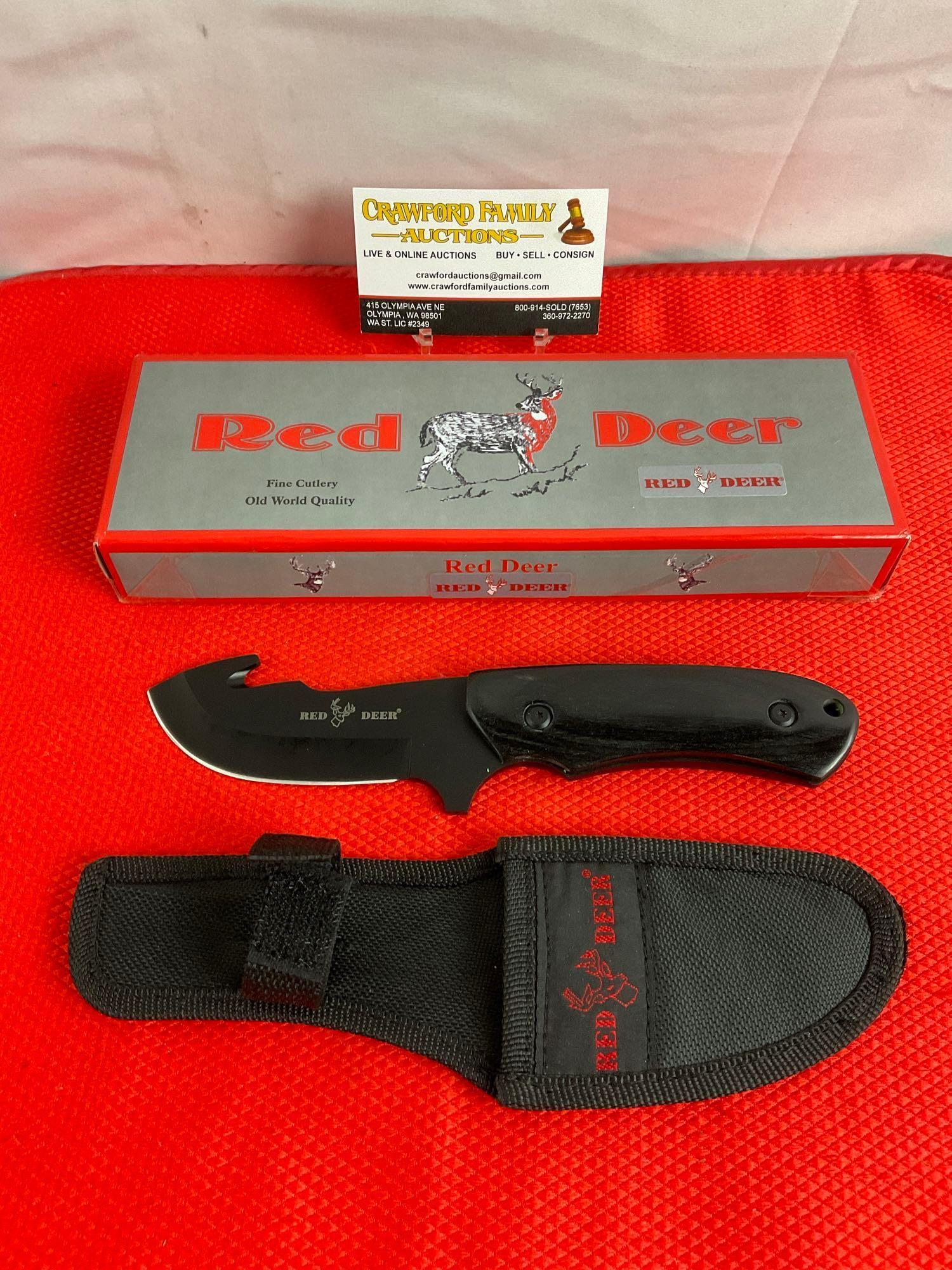 Red Deer 4" 1045 German Steel Fixed Blade Hunting Knife w/ Guthook. Model RDX-9700-B. NIB. See pi...