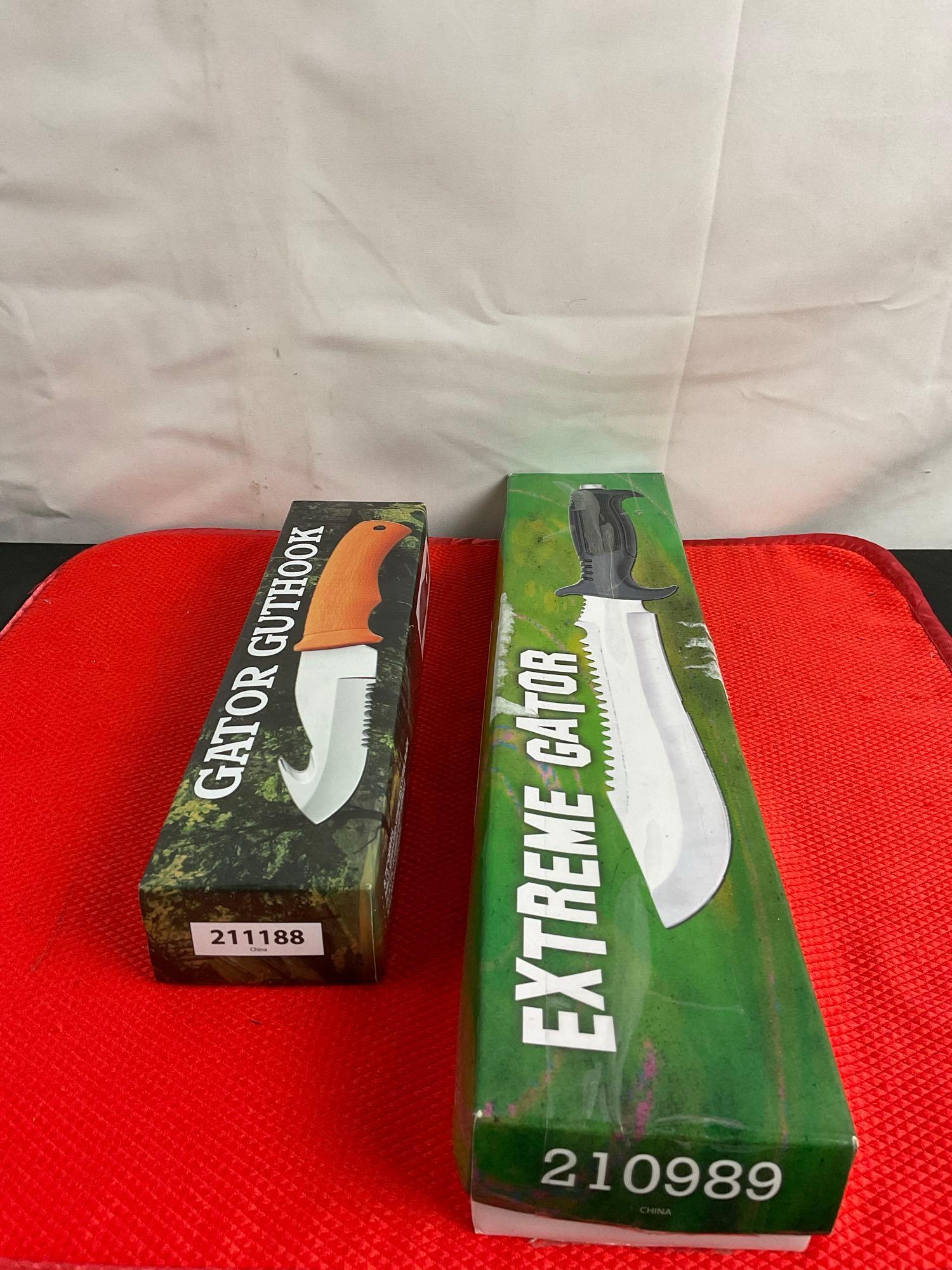 2 pcs Steel Fixed Blade Hunting Knives w/ Canvas Sheathes. Gator Guthook. Extreme Gator. NIB. See