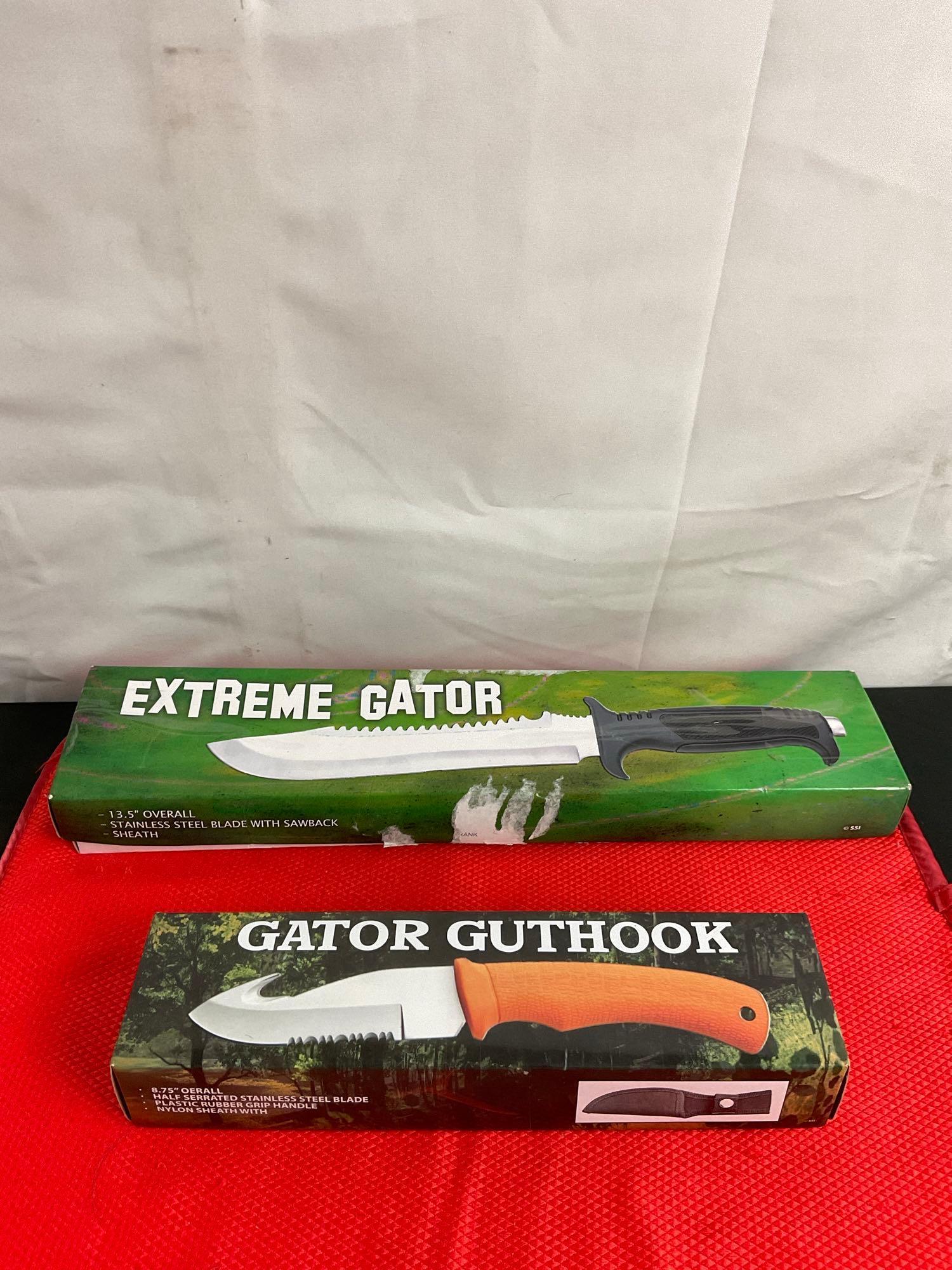 2 pcs Steel Fixed Blade Hunting Knives w/ Canvas Sheathes. Gator Guthook. Extreme Gator. NIB. See