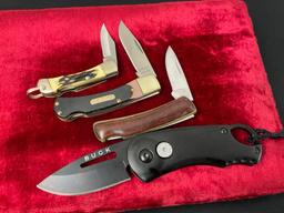 4x Folding Pocket Knives, 2x Buck Knives, 527 & Button Release, 2x Schrade Old Timer LB-2 & 3OT