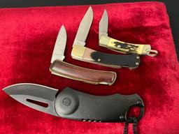 4x Folding Pocket Knives, 2x Buck Knives, 527 & Button Release, 2x Schrade Old Timer LB-2 & 3OT
