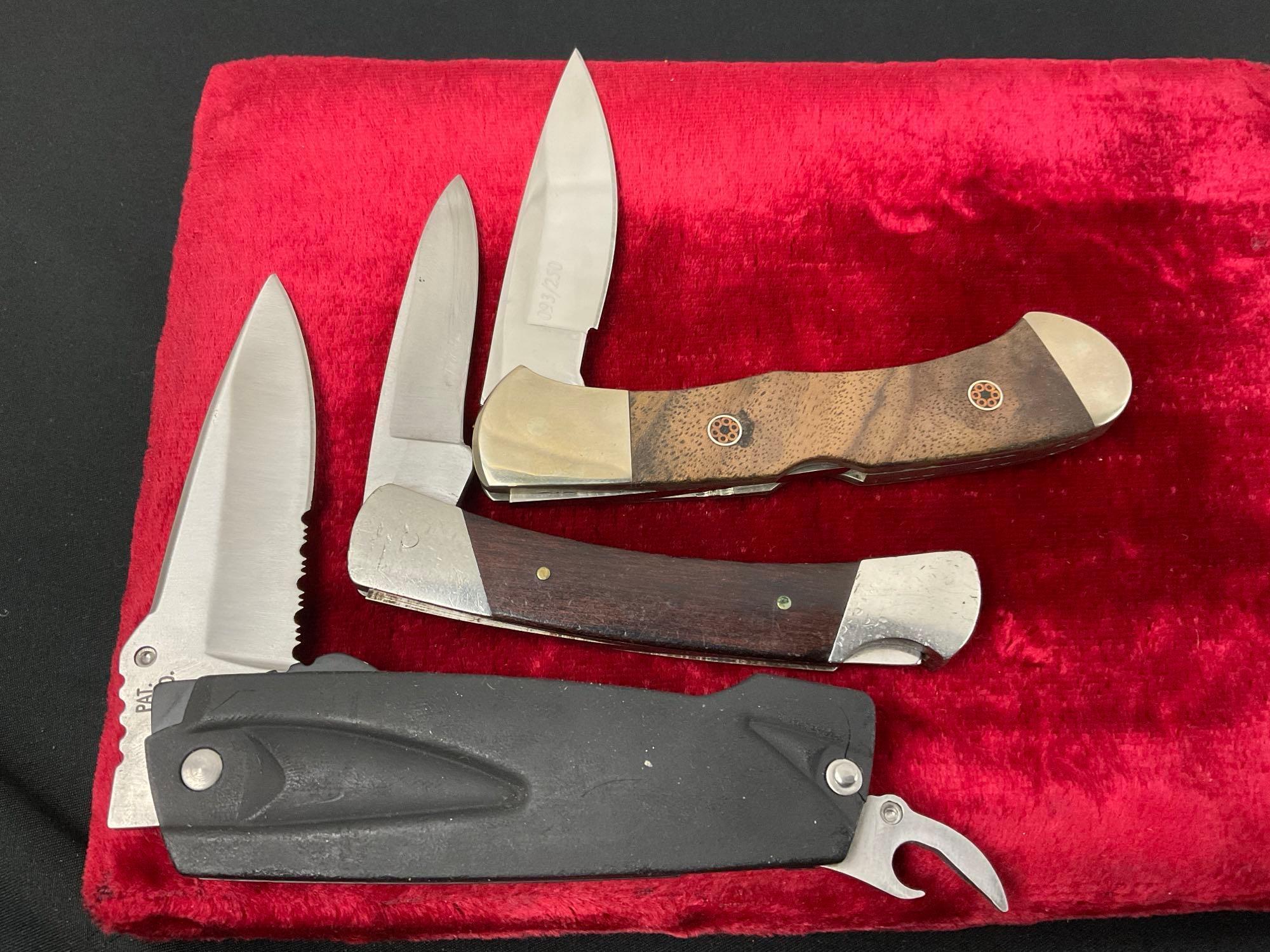Trio of Buck Folding Knives, models 501 Squire, 532 Legacy w/ etched blade & 731 X-Tract