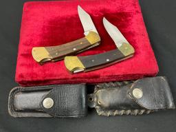 Pair of Vintage Buck 112 Folding Pocket Hunting Knives, Brass and Wooden handles