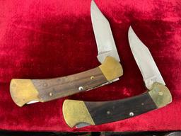 Pair of Vintage Buck 112 Folding Pocket Hunting Knives, Brass and Wooden handles