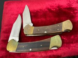 Pair of Vintage Buck 112 Folding Pocket Hunting Knives, Brass and Wooden handles