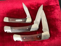 Trio of Vintage Buck Folding Pocket Knives, 1x 501 Squire, 1x 522 blade in a 501 Squire body, 1x ...