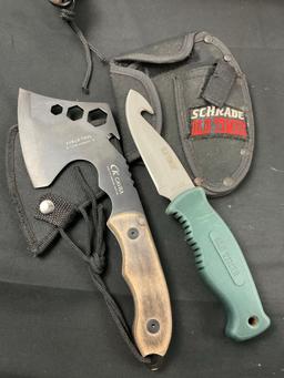2x CK Cavra Hatchet and Schrade Old Timer Fixed Blade Sets, w/ nylon sheaths