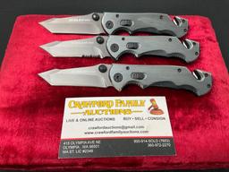 Trio of SOG Knives, Flash Tanto w/ Slide Button Release, Aluminum Handles