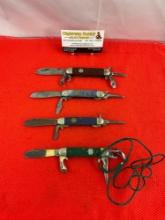 4 pcs Vintage Steel Folding 4-Blade Utility Pocket Knives. 1x Kutmaster, 2x Camillus, 1x Ulster. ...