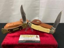 Pair of Schrade Folding Pocket Knives, models 7-OT & SC500 Scrimshaw handle w/ Leather Sheaths