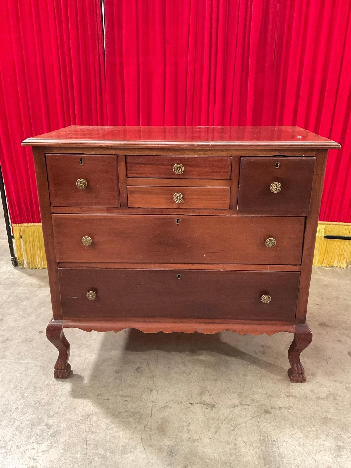 Vintage Wooden Lowboy Dresser w/ 6 Drawers, Unique Feet & Brass Rose Drawer Knobs. See pics.