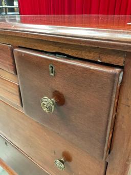 Vintage Wooden Lowboy Dresser w/ 6 Drawers, Unique Feet & Brass Rose Drawer Knobs. See pics.