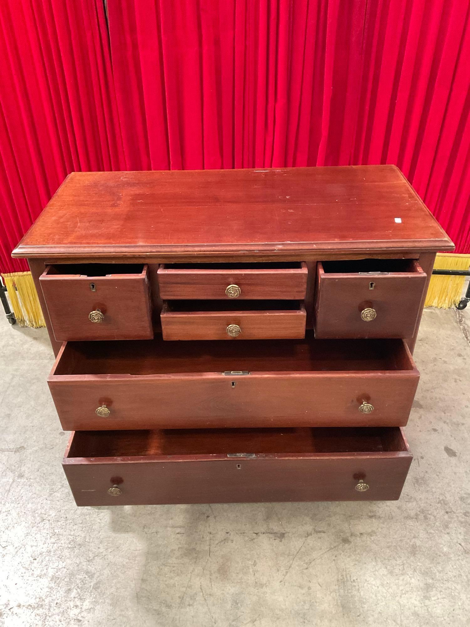 Vintage Wooden Lowboy Dresser w/ 6 Drawers, Unique Feet & Brass Rose Drawer Knobs. See pics.