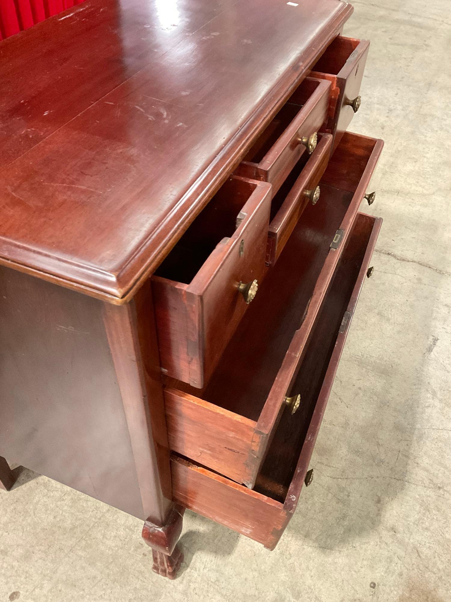 Vintage Wooden Lowboy Dresser w/ 6 Drawers, Unique Feet & Brass Rose Drawer Knobs. See pics.