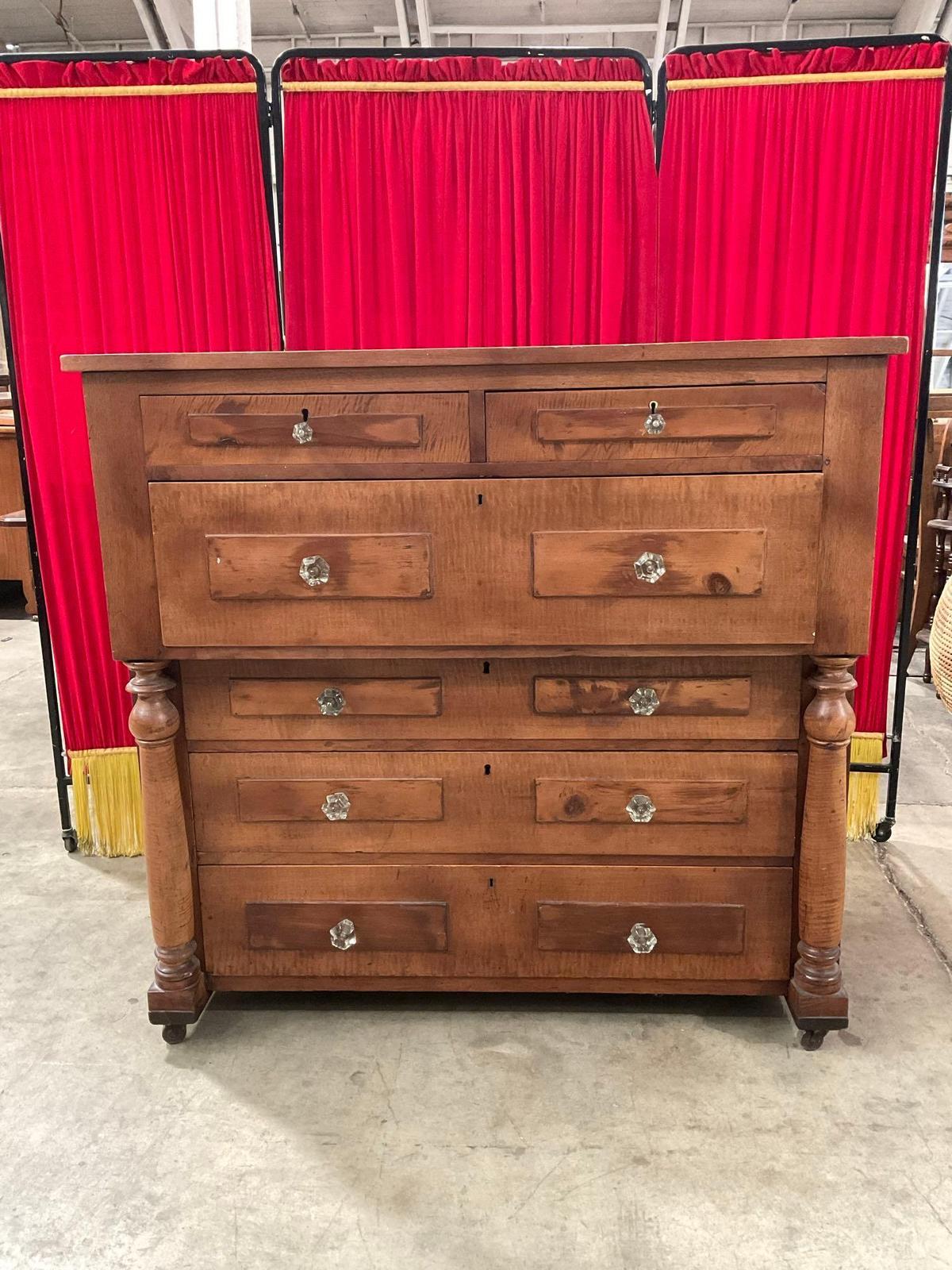 Antique Wooden Wheeled Empire Dresser w/ 6 Drawers, Glass Knobs & Beautiful Grain. See pics.