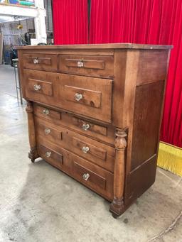 Antique Wooden Wheeled Empire Dresser w/ 6 Drawers, Glass Knobs & Beautiful Grain. See pics.
