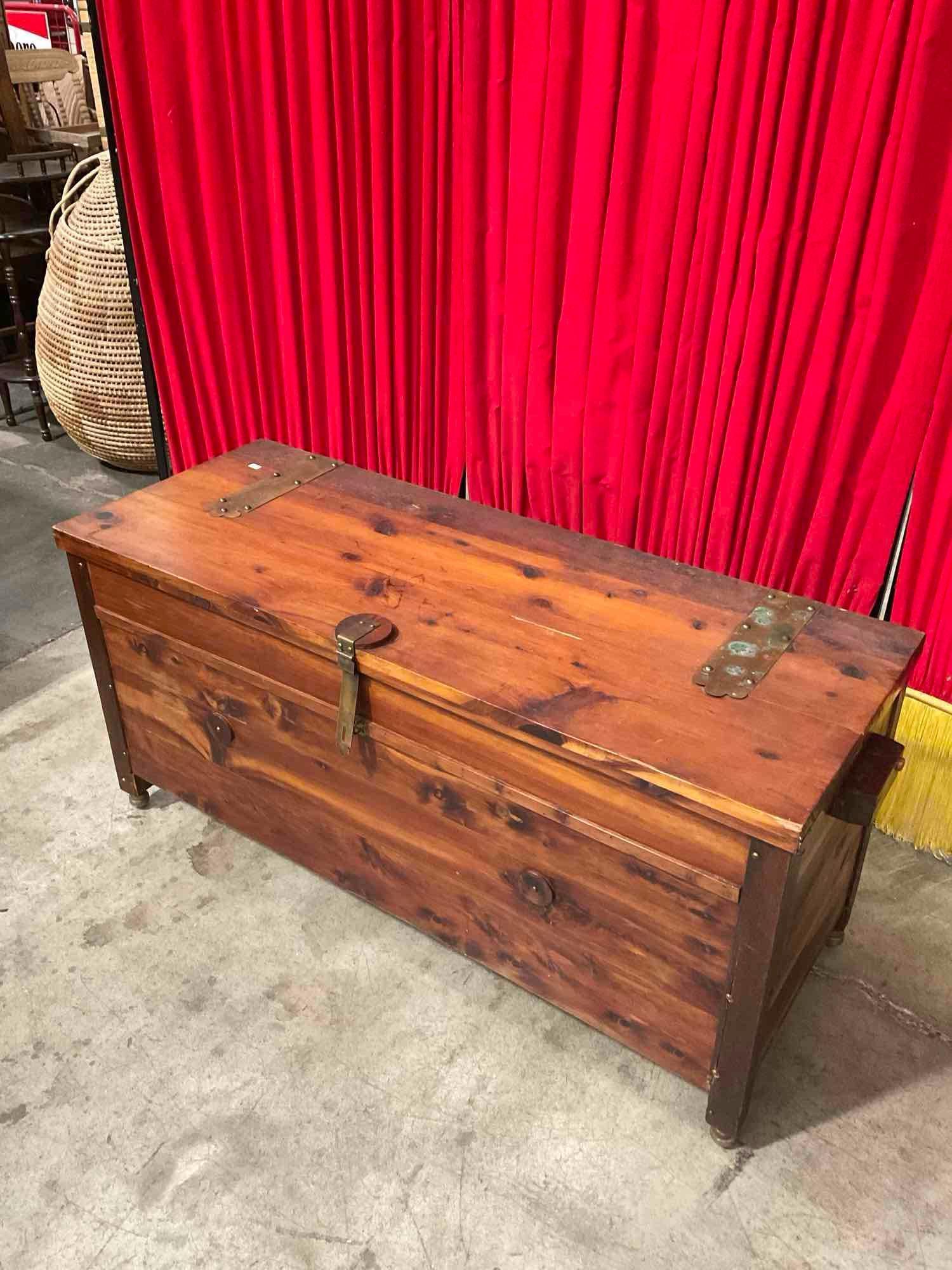 Vintage Wooden Wheeled Chest w/ Brass Details. Measures 45" x 21" Cedar Lined? See pics.