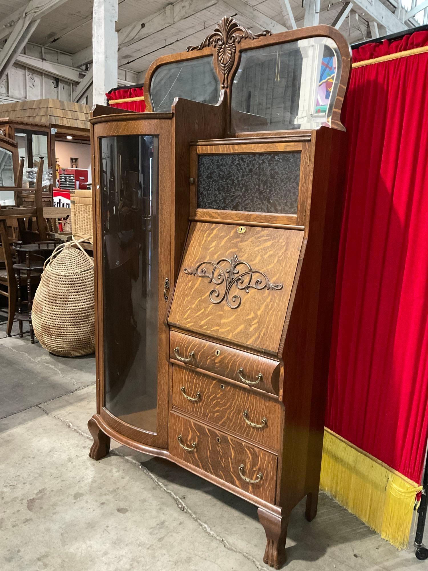 Antique Tiger Oak Combination Secretary Desk & Curio Cabinet w/ Curved Glass Door & 2 Mirrors. See