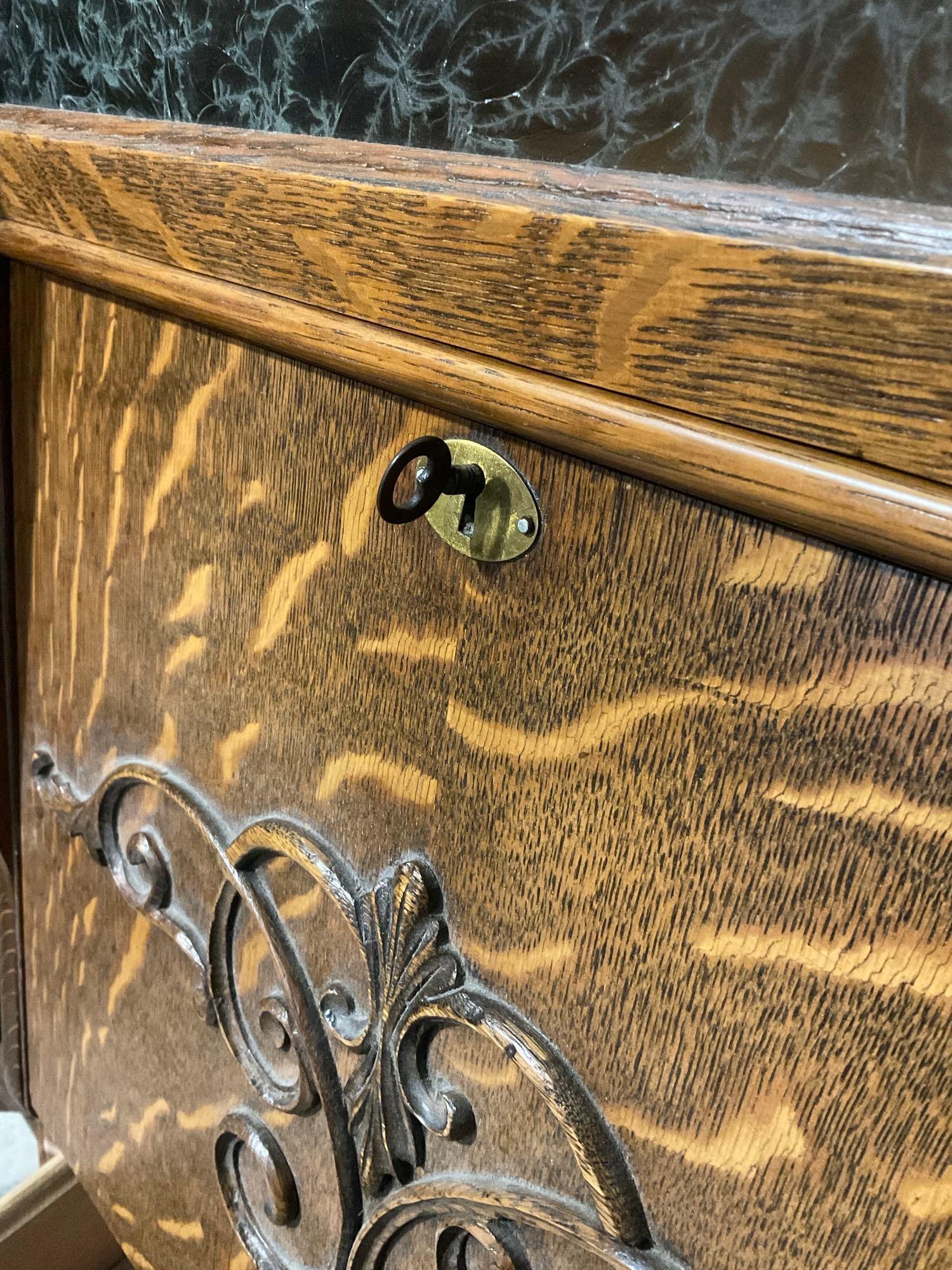 Antique Tiger Oak Combination Secretary Desk & Curio Cabinet w/ Curved Glass Door & 2 Mirrors. See