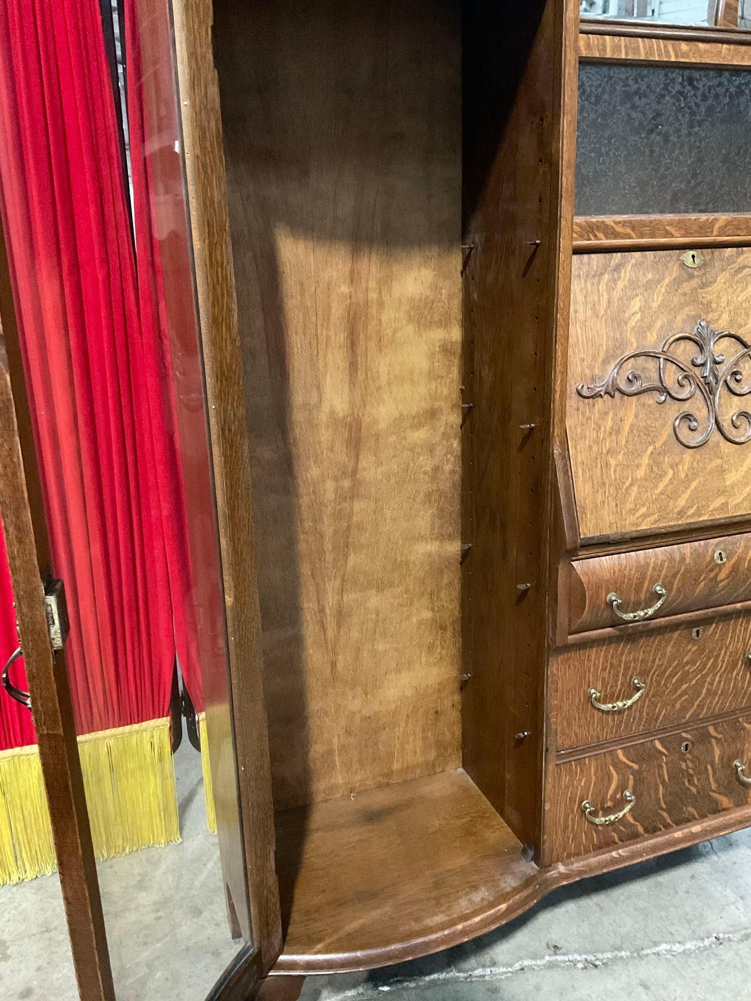 Antique Tiger Oak Combination Secretary Desk & Curio Cabinet w/ Curved Glass Door & 2 Mirrors. See