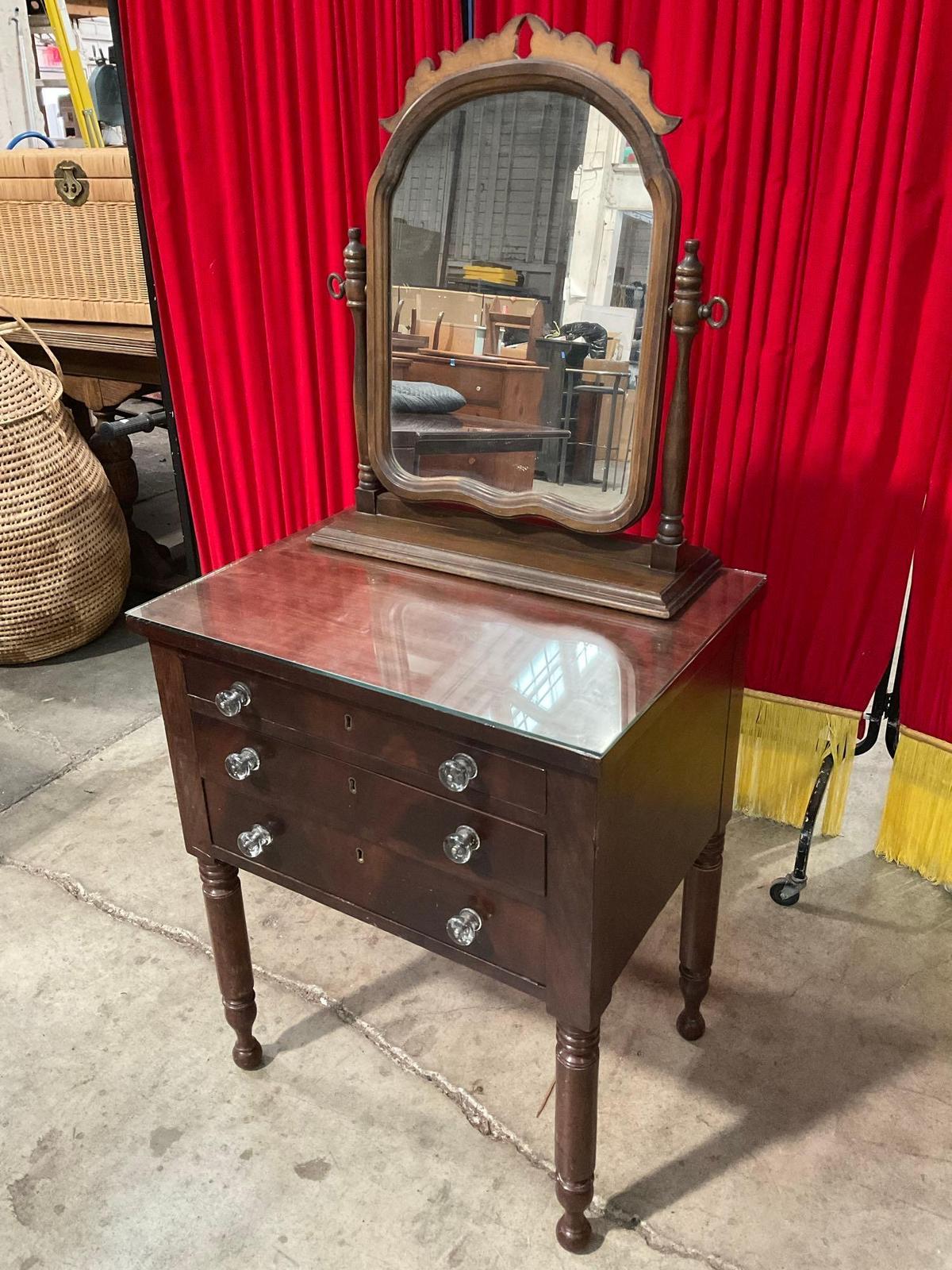 Antique Petite Wooden Vanity w/ Glass Top, 3 Drawers, Clear Knobs & Revolving Mirror. See pics.