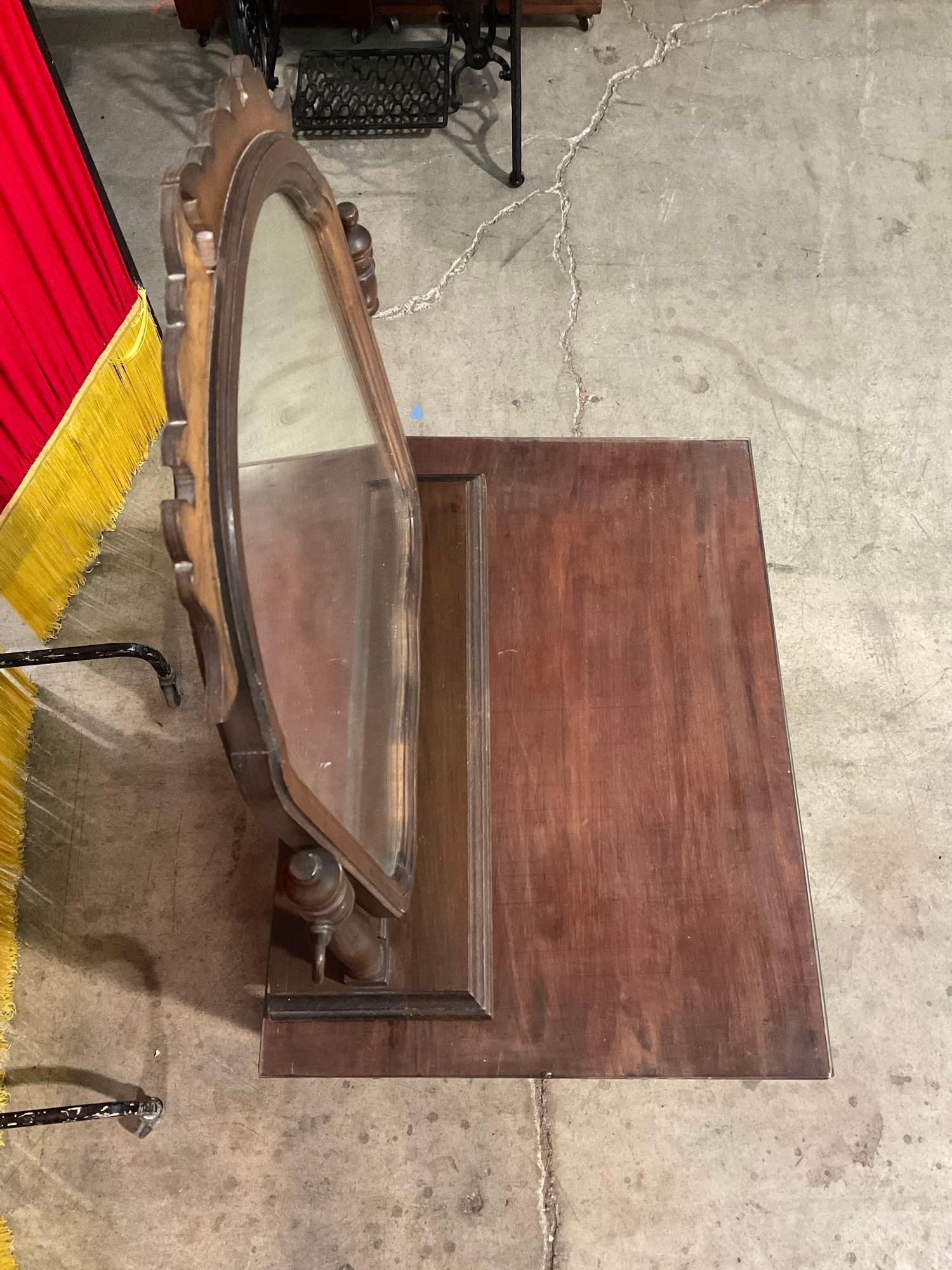 Antique Petite Wooden Vanity w/ Glass Top, 3 Drawers, Clear Knobs & Revolving Mirror. See pics.