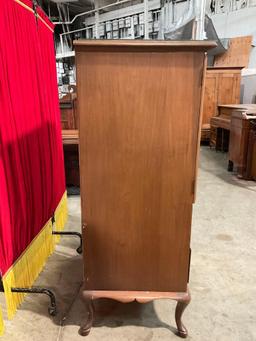 Vintage Wooden Glass Topped Dresser Cabinet w/ Cupboard, 7 Drawers & Brass Drawer Pulls. See pics.