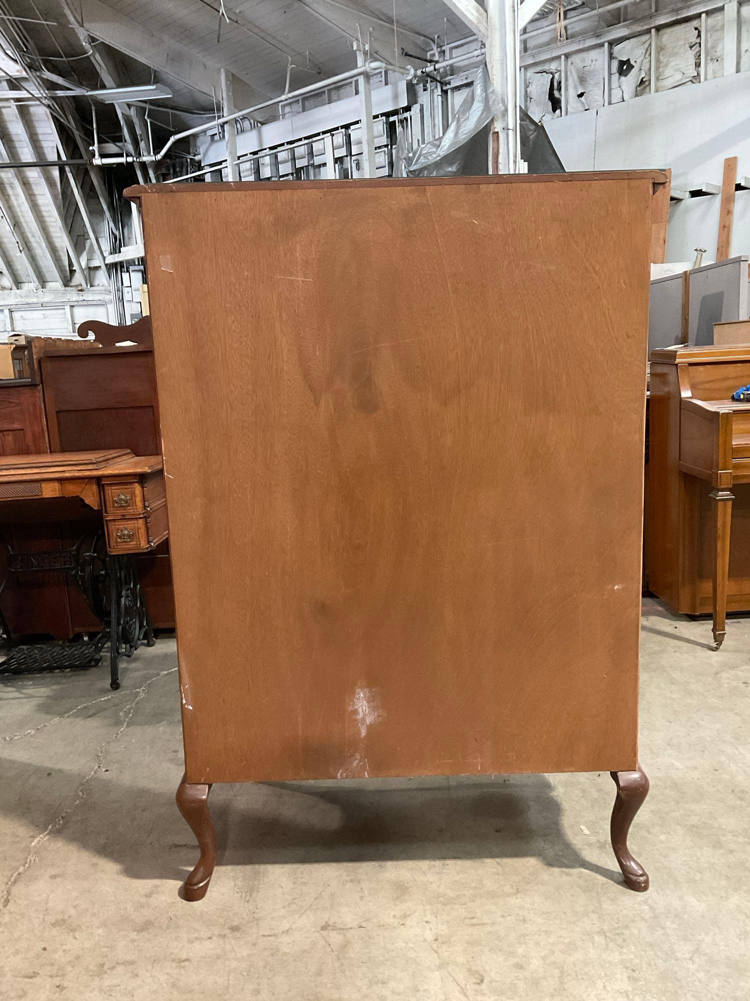 Vintage Wooden Glass Topped Dresser Cabinet w/ Cupboard, 7 Drawers & Brass Drawer Pulls. See pics.