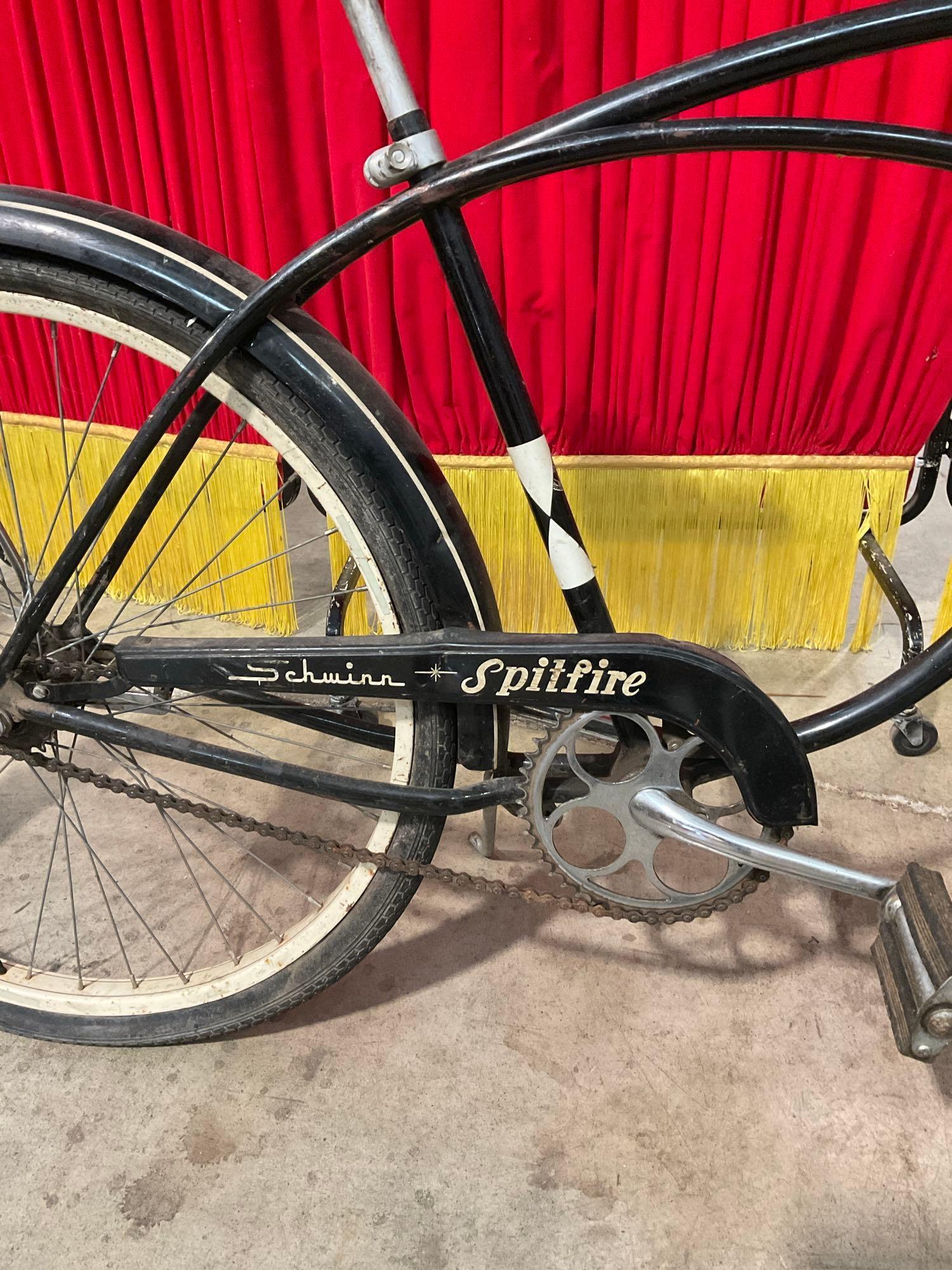 Vintage Black & White Schwinn Spitfire 26" Bicycle w/ Extra Rubber Tire. Olympia Bike License. See