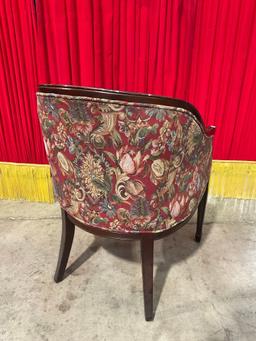 Vintage Wooden Tub Chair w/ Red Tulips & Cornucopias Floral Upholstery. Measures 24" x 34" See pi...