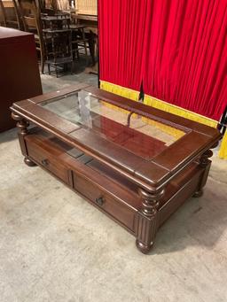 Vintage Wooden Leather & Glass Topped 2-Tier Rectangular Coffee Table w/ 2 Drawers. See pics.
