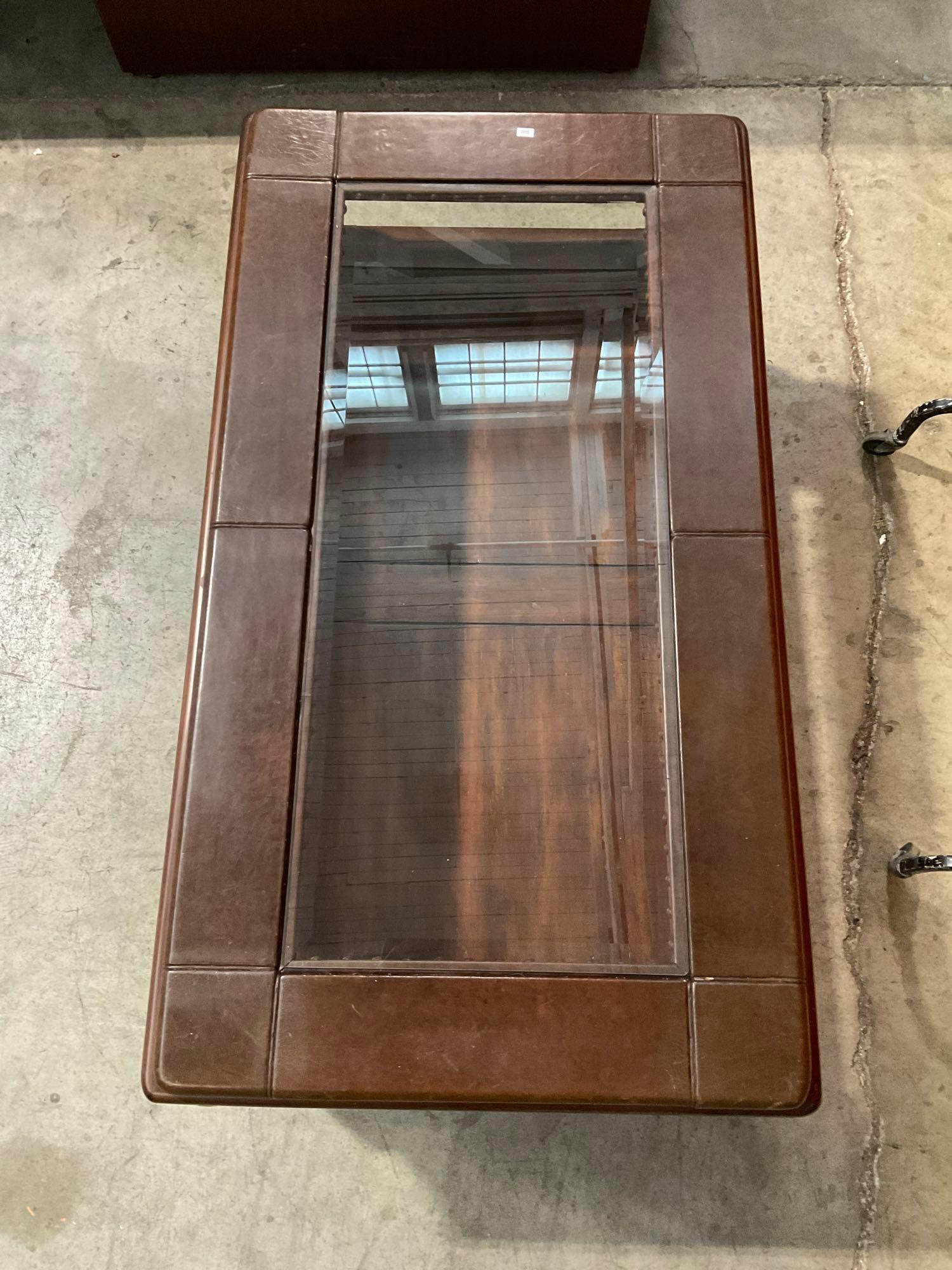 Vintage Wooden Leather & Glass Topped 2-Tier Rectangular Coffee Table w/ 2 Drawers. See pics.