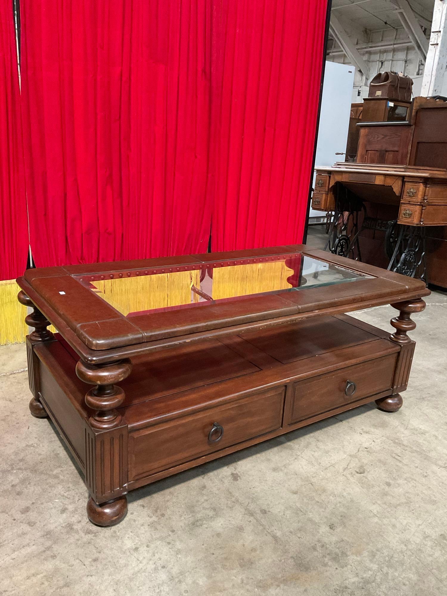 Vintage Wooden Leather & Glass Topped 2-Tier Rectangular Coffee Table w/ 2 Drawers. See pics.