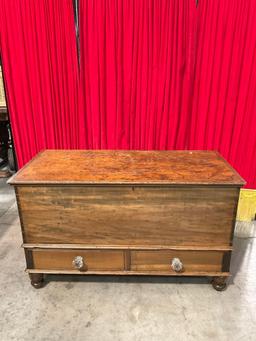 Vintage Wooden Trunk w/ Lidded Compartment, 2 Drawers & Clear Glass Knobs. See pics.