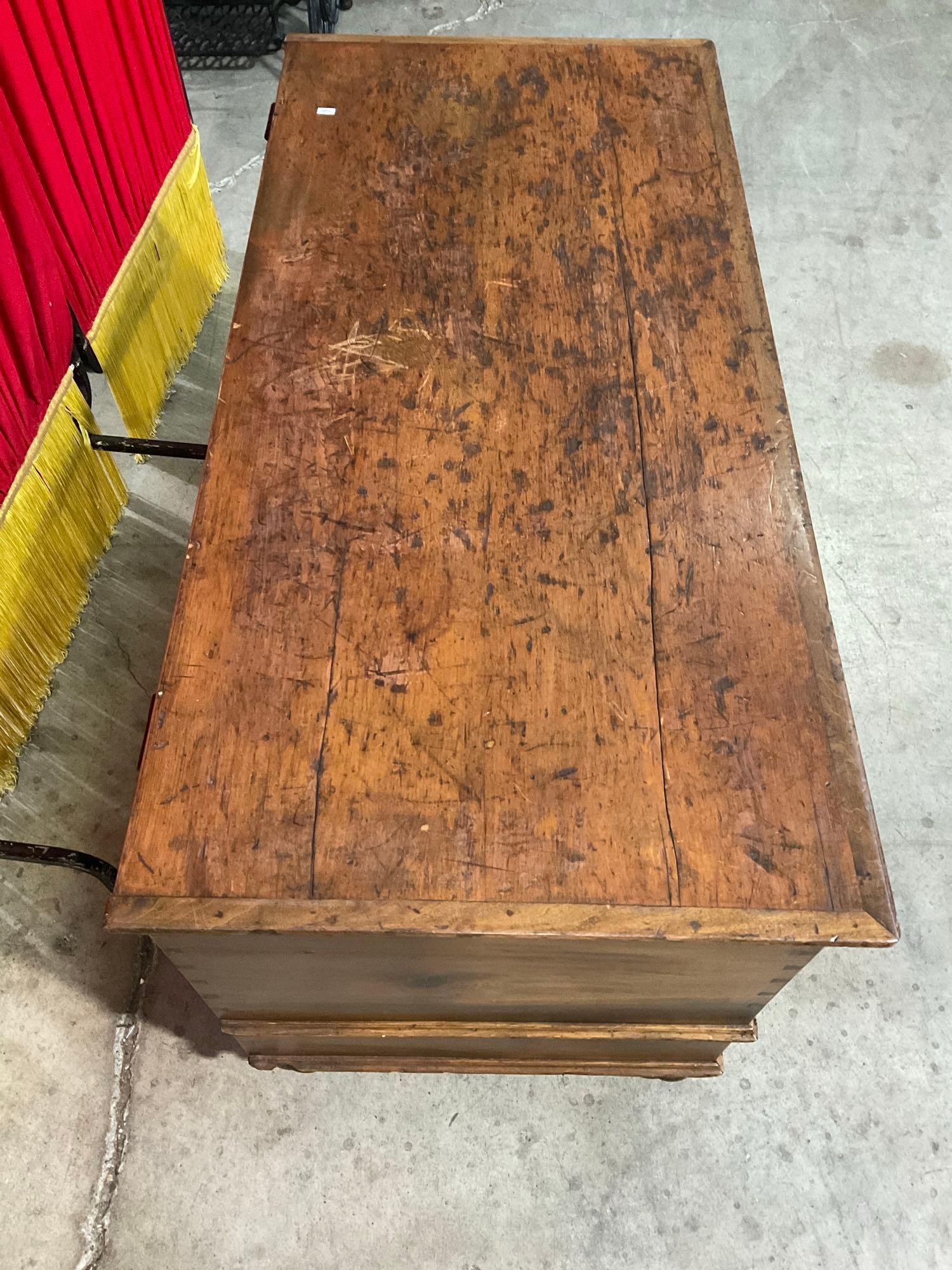 Vintage Wooden Trunk w/ Lidded Compartment, 2 Drawers & Clear Glass Knobs. See pics.