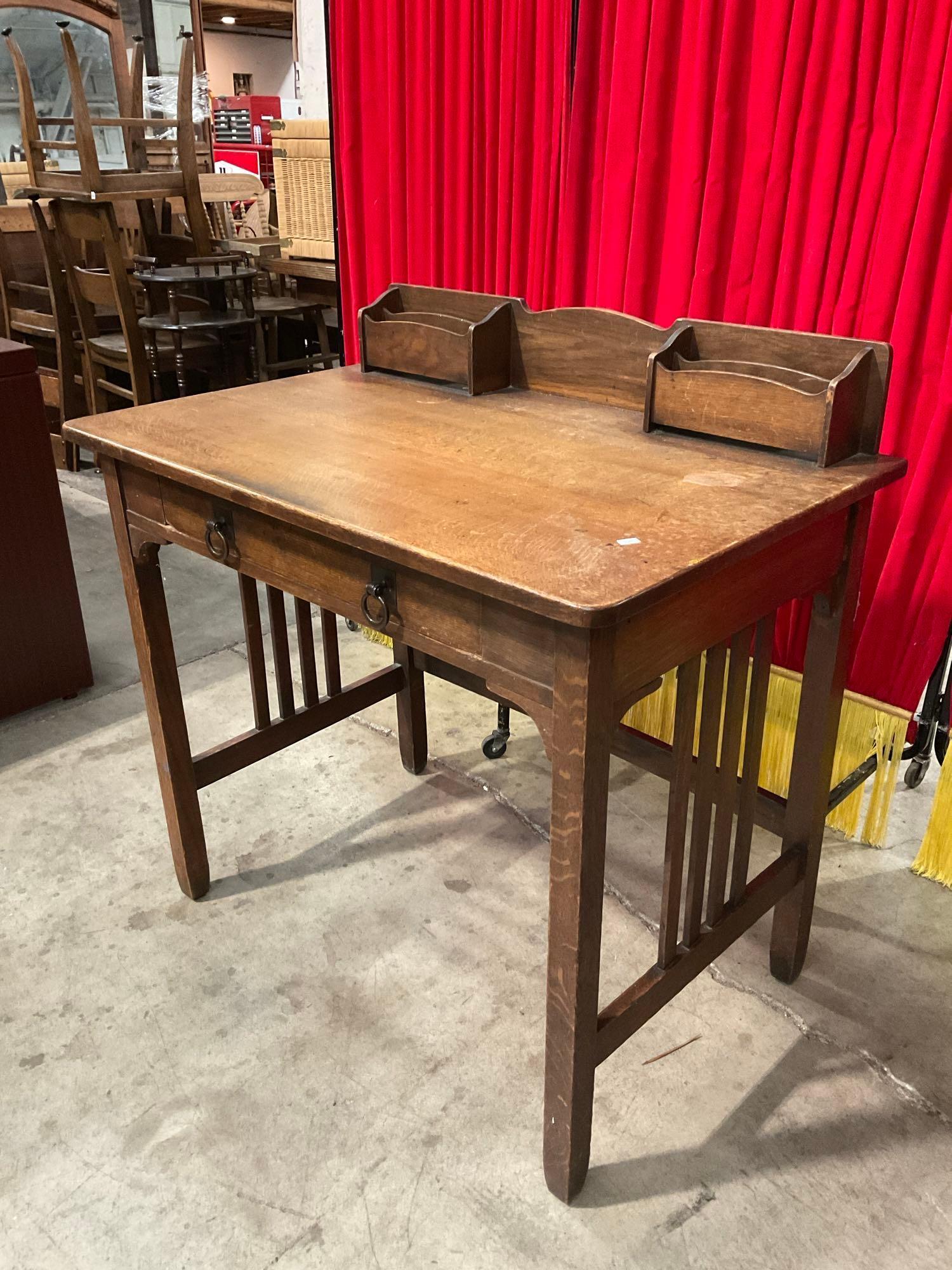 Vintage Quaint Furniture Mission Style Tiger Oak Writing Table w/ Letter Compartments & Drawer. See