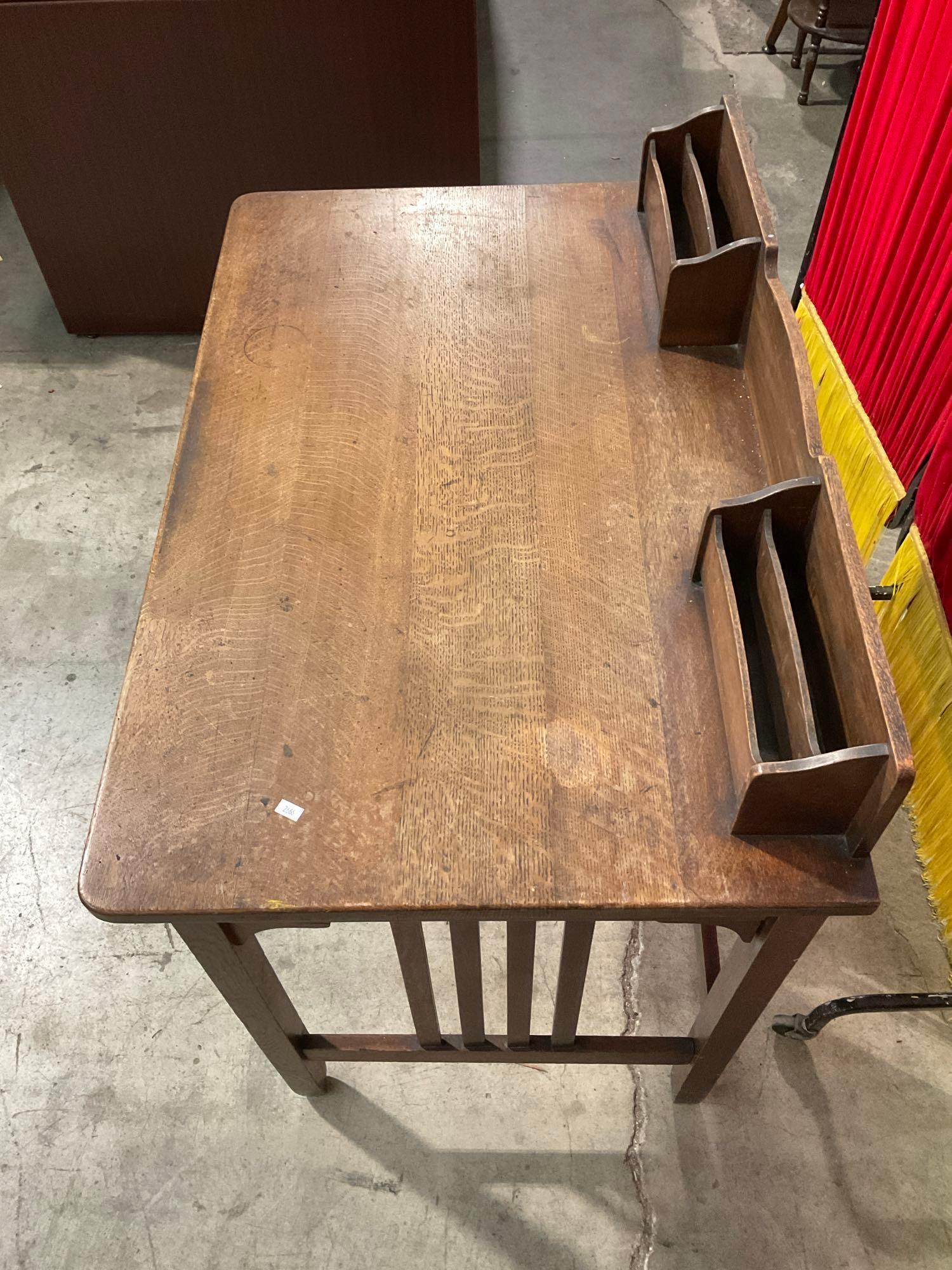 Vintage Quaint Furniture Mission Style Tiger Oak Writing Table w/ Letter Compartments & Drawer. See