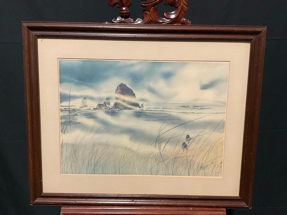 Framed Print of Watercolor of Haystack Rock in Cannon Beach by WW Steidel 1978