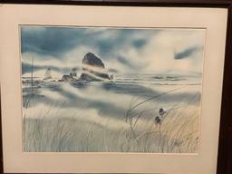 Framed Print of Watercolor of Haystack Rock in Cannon Beach by WW Steidel 1978