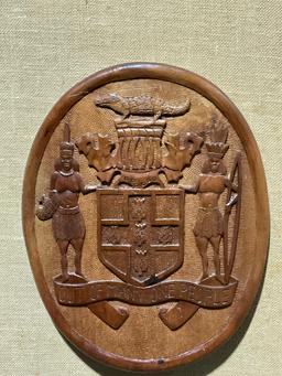 Framed Hawaiian Wooden Handcarved Coat of Arms - Out of Many, One People
