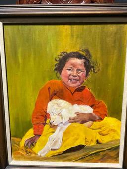 Framed Oil on Canvas of a Happy Child with a Lamb by Mary Griffith