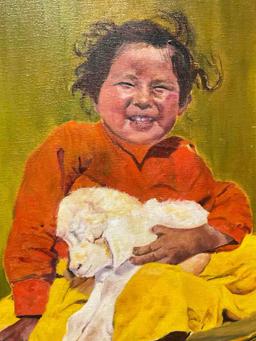 Framed Oil on Canvas of a Happy Child with a Lamb by Mary Griffith