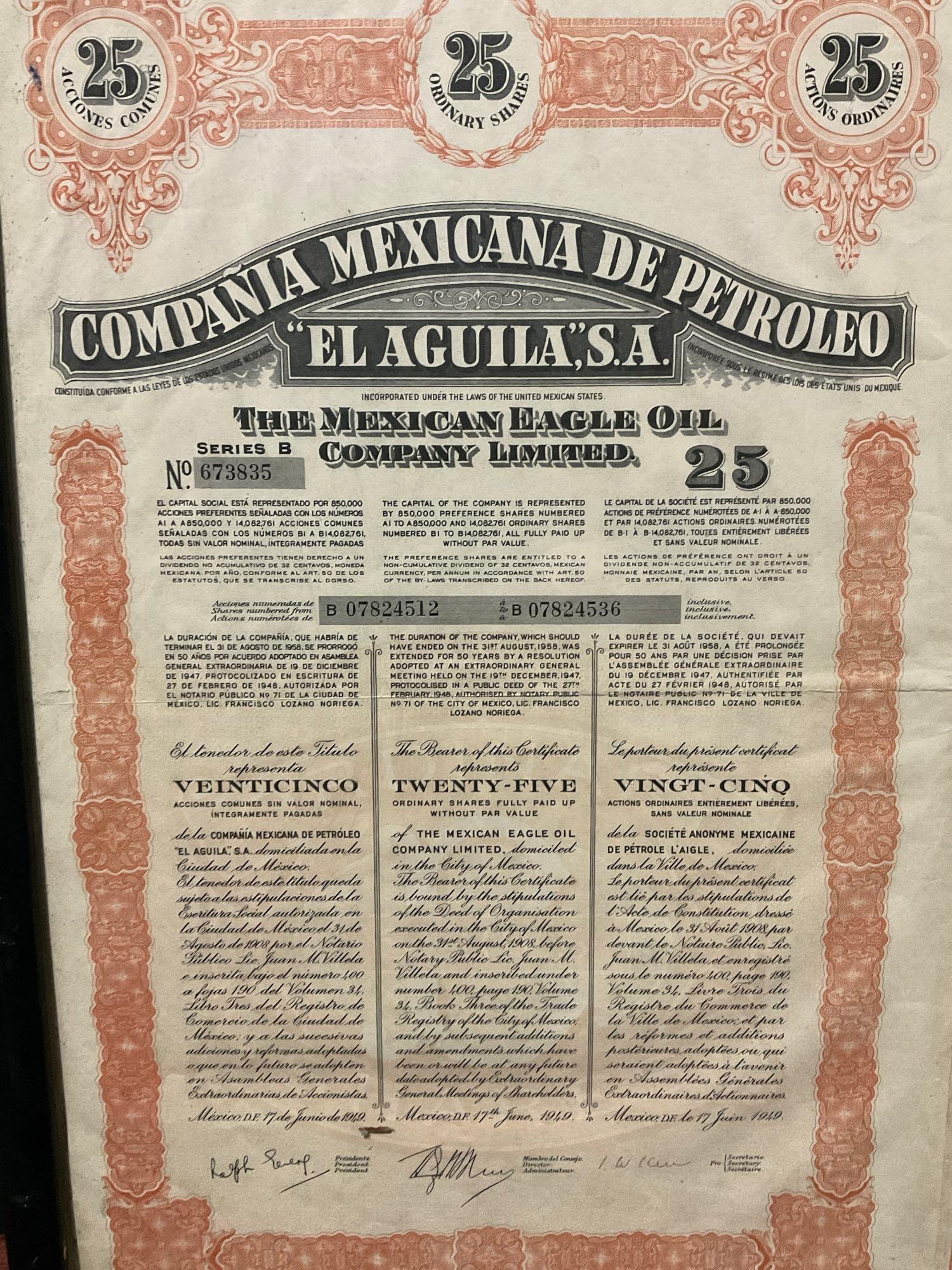 Framed Compania Mexicana de Petroleo El Aguila, S.A. - Stock Certificate
