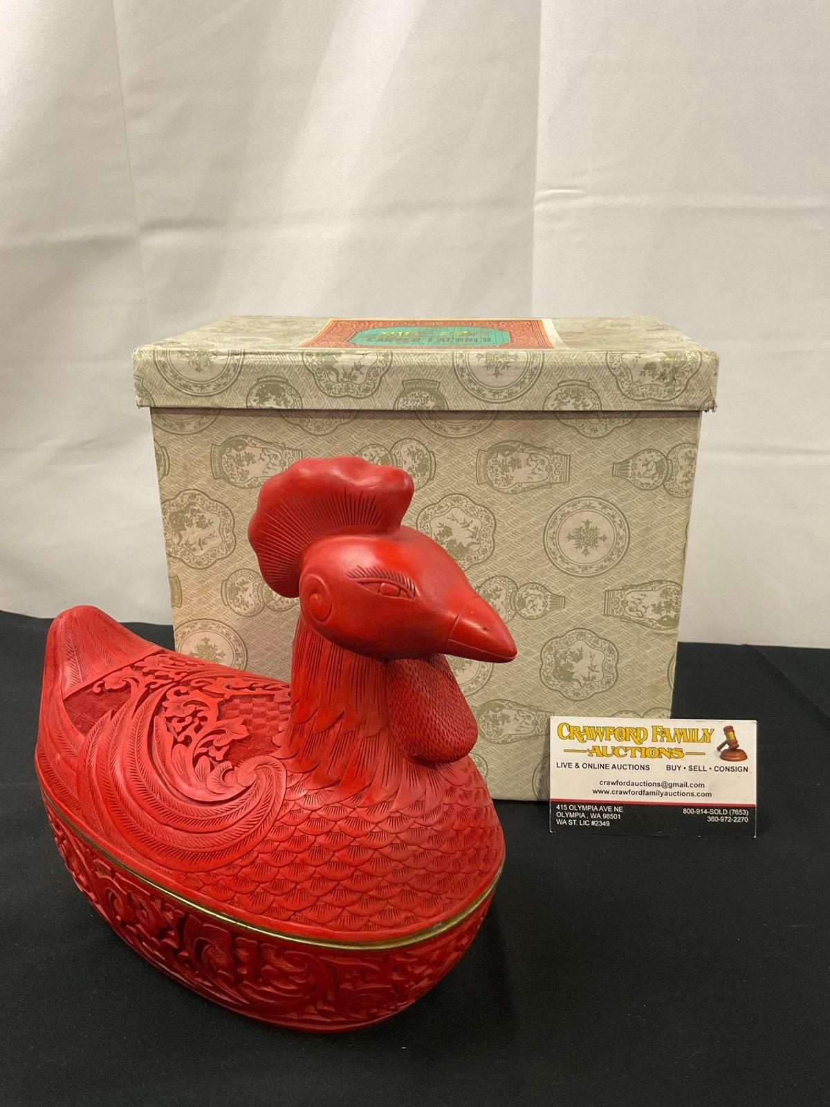 Vintage Faux Cinnabar Lacquerware Rooster Box w/ original packaging