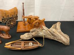 Wooden Hand Carved Figures, Cannon Office Pen Holder, Ox Cart, Deer Figures, Boat on Driftwood Log